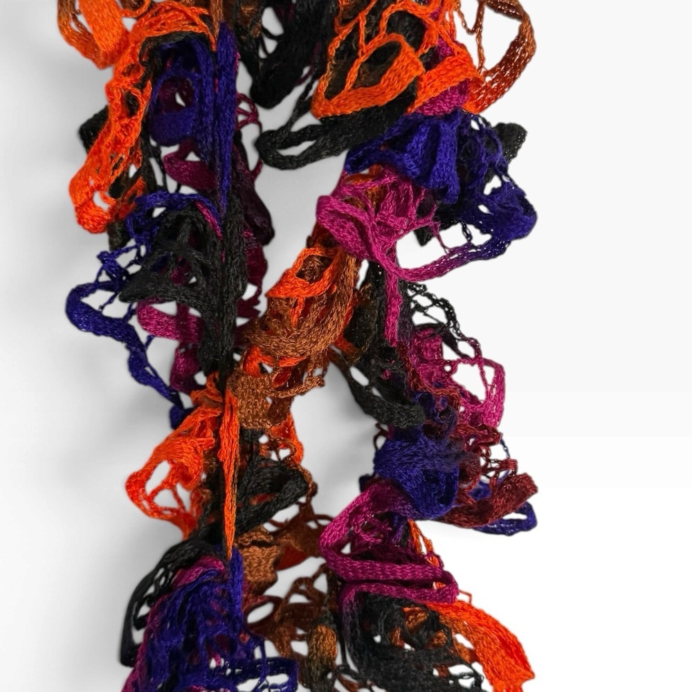 Ruffle Scarf Premier Yarn Mardis gras orange black purple and fushia